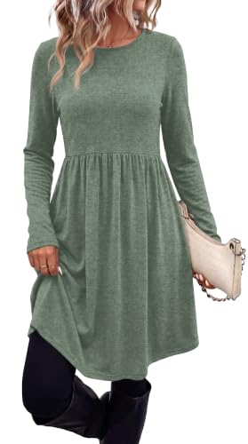 OFEEFAN Women's Pleated Fall Dress – Crew Neck Long Sleeve Sweater with Pockets, Green, Medium – Perfect for Winter Maternity & Teacher Outfits