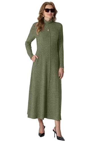 GRECERELLE Women's 2025 Fall Winter Casual Mock Neck Long Sleeve Flared Maxi Sweater Dress with Pockets (XS - 3XL)