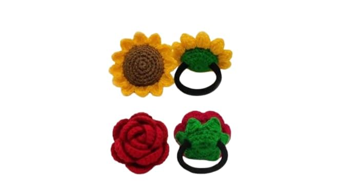 Handmade Crochet Floral Hair Ties Set | Sunflower & Rose Knitted Elastic Hair Bands for Girls & Women-image-8