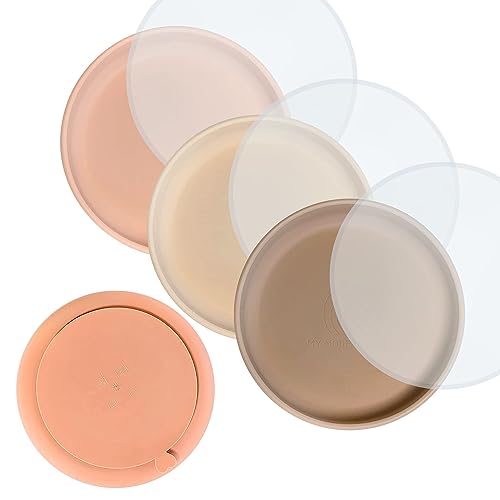 Image of My Modern Mom 3 Pack Suction Plates for Baby and Toddlers – Extra Strong Silicone Suction Base with Lids, Food Grade Silicone, Raised Edges, Dishwasher and Microwave Safe