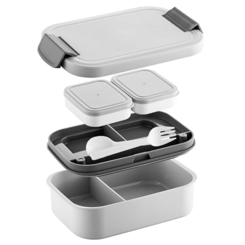 Image of YELONA Lunch Box for Office & Kids 1900ML | Double Layer Leakproof Bento Box with 5 Compartments | Microwave Safe, Built-in Spoon & Fork, BPA Free Tiffin Box - Grey