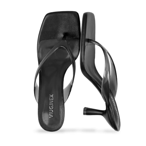 VIUGJNEX Women's Square Toe Thong Kitten Heel Sandal, Jelly Black, 8
