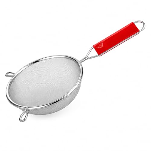 ADD2CART Multipurpose Stainless Steel Strainer for Vegetables, Fruits, Soup & Juice - Kitchen Tool with Red Handle (Silver) - Best for Tea & Rice Use (12CM)