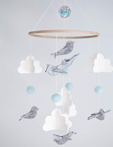 Image of Baby Crib Mobile for Boys and Girls - Blue Baby Shower Gift Set Nursery Decor Infant Bedroom Hanging Decoration Toy Newborn (Bird Cloud Modern Unisex Wool Woodland)