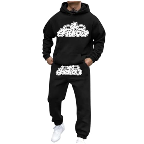 Generisch Fatos de treino para homem, design elegante, 2 peças, unissexo, hip hop, Y2K, fato, camisolas com capuz e calças de fato de treino para homem, roupa casual, manga comprida, com capuz, Preto