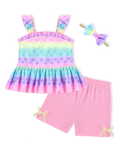 WESIDOM Baby Girl Clothes 18 24 Months Toddler Girls Summer Outfits Ruffle Sleeveless Tank Top + Shorts + Headband 3Pcs Cute Toddler Baby Clothing Short Set (Pink, 18-24 Months)