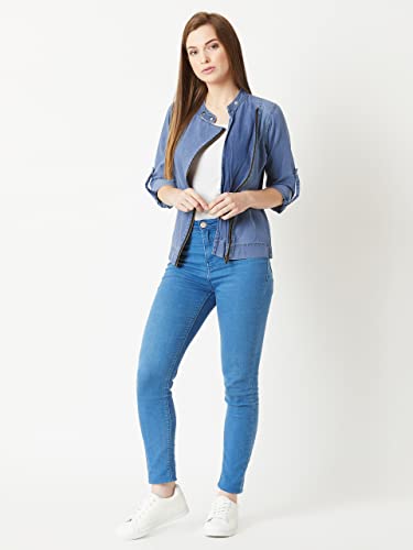 Image of Miss Chase Women's Polo Neck Full Sleeves Patch Pocket Denim Overcoat Knee-Length Jacket