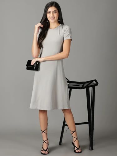 Image of SHOWOFFFF Women Embellished A-Line Party Dress | Round Neck Half Sleeves Jersey Dress for Womens | Knee Length Dress for Women's