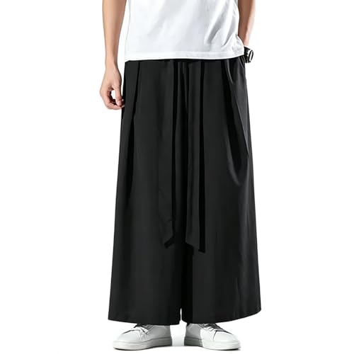[Yucahype] ワイドパンツ メンズ サルエルパンツ 夏 袴 ズボン ガチョウパンツ 接触冷感 ゆったり 9分丈 涼しい 紐付き 和柄 無地 薄手 和式ズボン ロング ビッグシルエット 大きいサイズ ルームウェア(M ブラック) - Yucahype - 商品画像