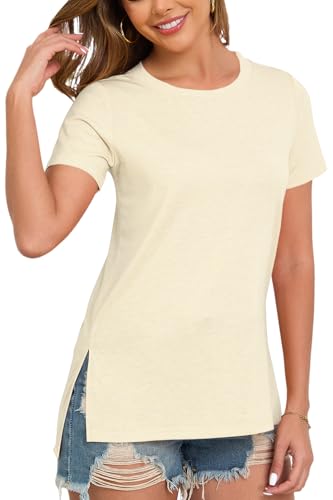 Zephyrine Lightweight Summer Split Side Tops for Women Beige T-Shirt Crewneck Short Sleeve High Low Hem Tees Beige Medium