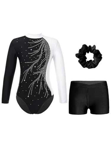 Alvivi Mädchen Turnanzug Glitzer Gymnastikanzug Langarm Gymnastik Leotard mit Kurze Hose Haarband Gymnastikbody Turntrikot Wettbewerb Tanzkostüm A Weiß&Schwarz 158-164
