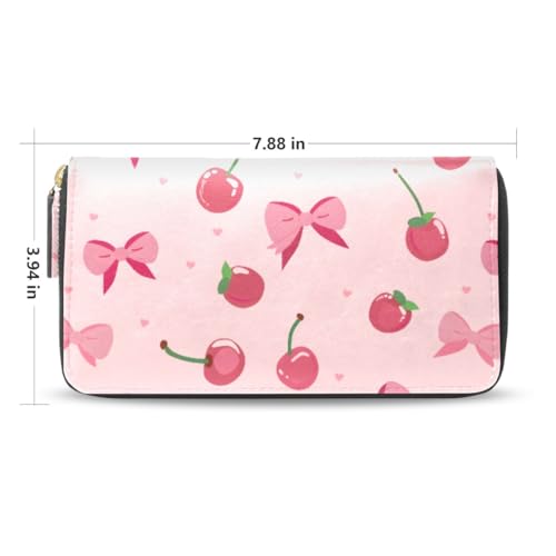 Long Wallets Leather Bifold Wallet for Women Pink Bows Cherries Pattern with Zipper Credit Card Holder Large Capacity2