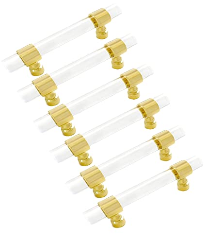 MARGUERASW Lot de 6 poignées de porte de cuisine en acrylique transparent -poignée de meuble cuisine Poignée d’Armoire or Entraxe 128mm Cover