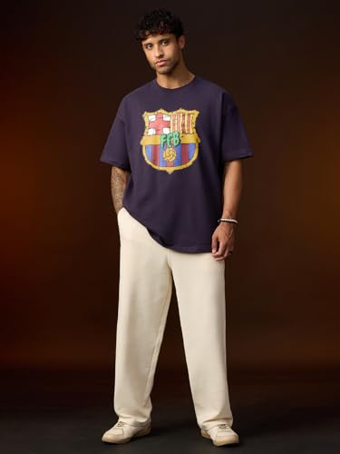 Image of The Souled Store FCB: Men and Boys Short Sleeves Round Neck Casual Lightweight Drop Shoulder Streetwear Trendy Oversized T-Shirts Black