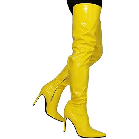 BeAUZQ Womens Sexy Pointed Toe Thigh High Boots Fashion Yellow Patent Leather Over The Knee Boots Fetish High Heels Stripper Show Pumps Shoes Size 36-47,Yellow,42 Cover