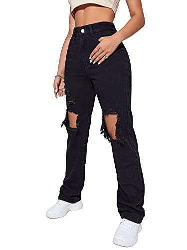 SweatyRocks Women's Casual Loose Ripped Denim Pants Distressed Wide Leg Jeans4