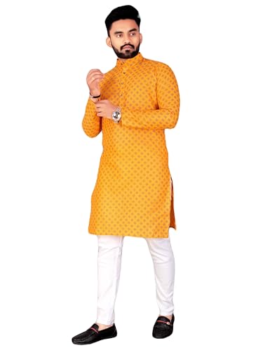 Image of Cotton Blend Geometric Mandarin Chinese Neck Full Sleeve Kurta for Men