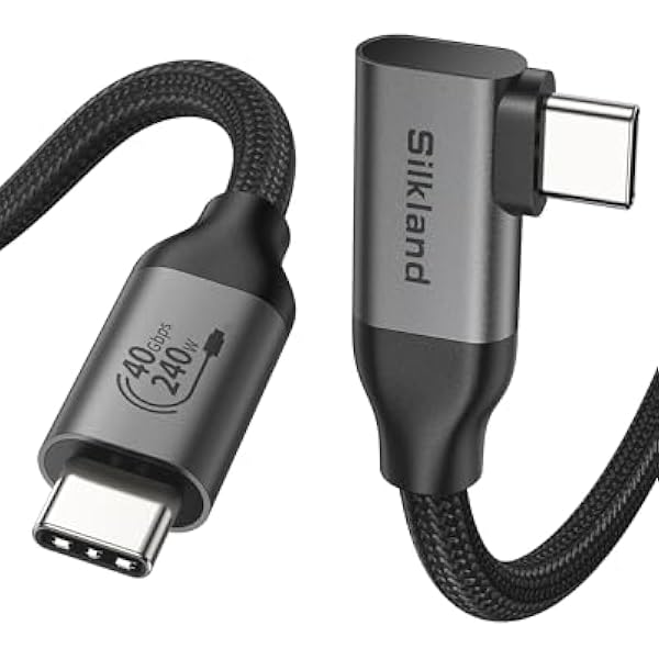 Silkland USB4 dla Kabel Thunderbolt 4 1.5M Kątowy, Transfer Danych 40Gbps, Kabel ładujący 240W 90 Stopni, 8K@60Hz, USB C do USB C do iPhone 17/16/15/Pro Max, MacBook Pro, iPad Pro, Dock, SSD, Monitor