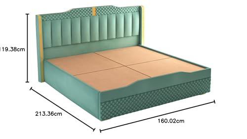 Image of MODESTY WOODS Cozy Upholstered Queen Size Bed with Box Storage for Bedroom | Elegant Wooden Double Bed with Storage | Platform Cot Palang with Upholstery Headboard | 6.5 x 5 Ft | Sheesham Wood, Green