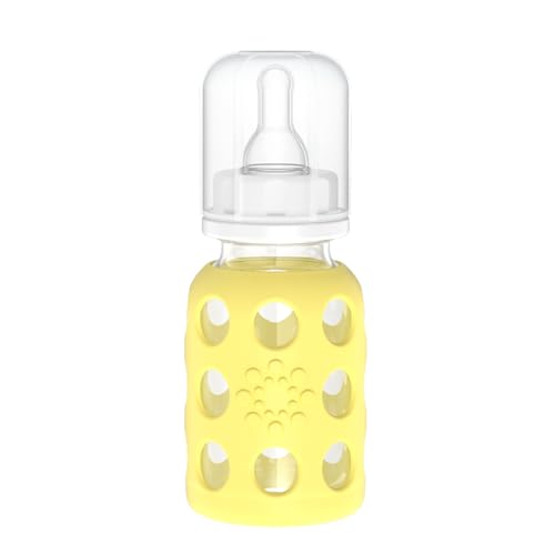 Image of Lifefactory Glass Baby Bottle with Stage 1 Nipple and Protective Silicone Sleeve Banana 4 Oz