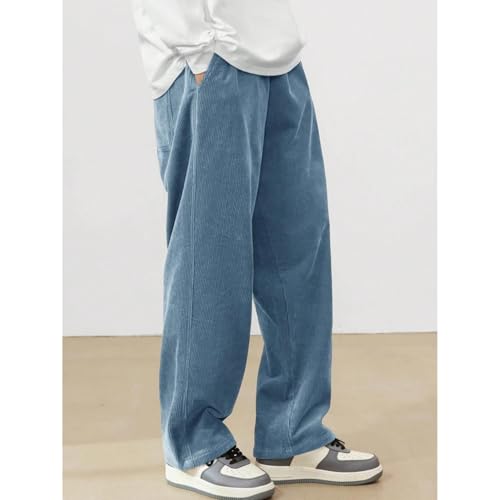 Men’s Corduroy Pants Loose Fit Wide Leg Straight Casual Trousers Elastic Waist Drawstring, Fall Spring2