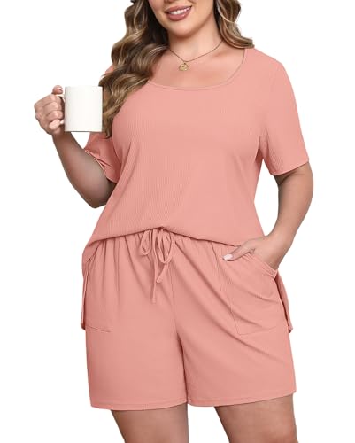 Image of Womens Plus Size Pajama Sets 2 Piece Summer Outfits Short Sleeve Tops Shorts with Pockets for Lounge Sleepwear