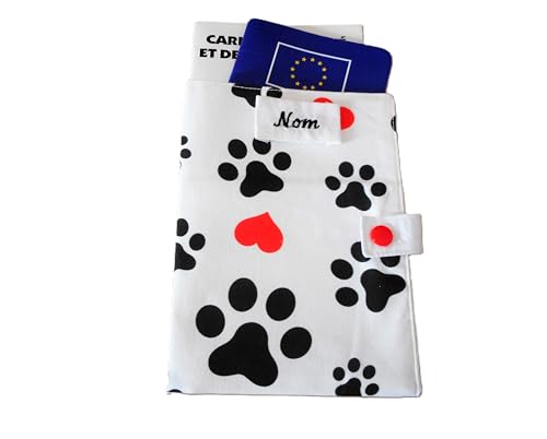 eliz-style-creation - Couverture de Carnet de Santé pour Animaux de Compagnie, Housse Passeport Chien Chat NAC, Range Ordonnance, Pattes Noires et Coeurs, nom brodé