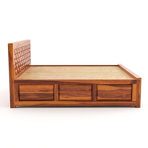 Image of Sheesham Wood King Size Bed with Storage Box | Wooden Box Bed King Size Double Cot Bed with Storage for Bedroom | Premium Niwar Design Headboard Bed for Hotel, Home | Honey Finish