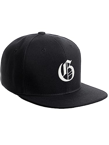 Daxton Classic Snapback Hat Old English Font Alphabet A to Z Flat Bill Visor Cap, Black Hat, White G