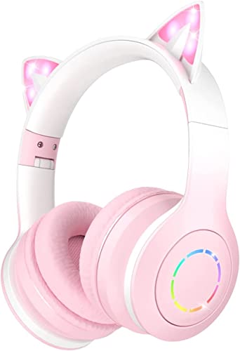 Daemon Headphones, Bluetooth Wireless Headphones for Kids Teens Adults, Over-Ear Bluetooth Headphones with Microphone, Cat Ear Headphones for Girls Women (Pink)