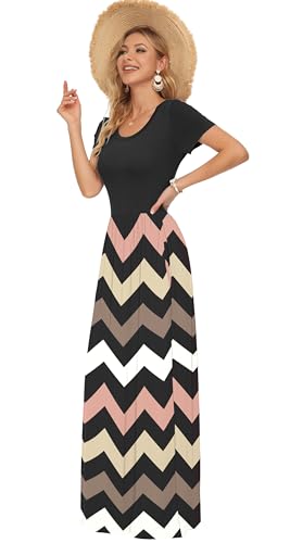 Image of AUSELILY Women's Summer Short Sleeve Loose Plain Casual Long Maxi Dresses | Year Round wear solid floral print, Casual wear, Empire waist, Floor length, Side pockets