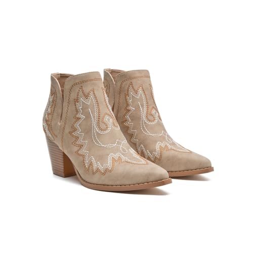 Image of SelRoys Cowboy Boots for Women Cowgirl Ankle Western Embroidered Stitched Pointed Toe Cutout Chunky Heels Short Booties Red Brown Black US5-11