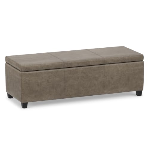 Image of SIMPLIHOME Avalon 48 inch Wide Vegan Leather Storage Ottoman in Grey Brown