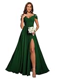 vintys Womens Off Shoulder A Line Bridesmaid Dresses Long with Slit Emerald Green Pleated Chiffon Formal Evening Dresses with Pockets for Women 8