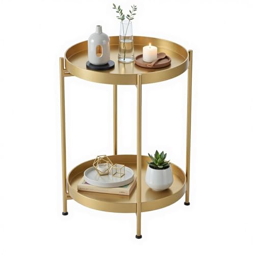 H HOMEWINS Metall Beistelltisch Rund Gold Sofatisch mit Abnehmbare Tablette...