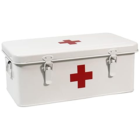 Xbopetda First Aid Medicine Box, First Aid Kit Supplies Bin, Metal Medicine Storage Tin, First Aid Empty Box with Safety Lock for Home Emergency Tool Set-White Cover