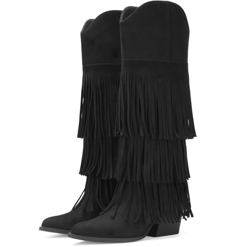 Image of Cowgirl Boots for Women Retro Pointed Toe Pull On Block Chunky Heel Embroide Tassel Country Concert Outfits Mid Calf Western Fringe Cowboy Boots