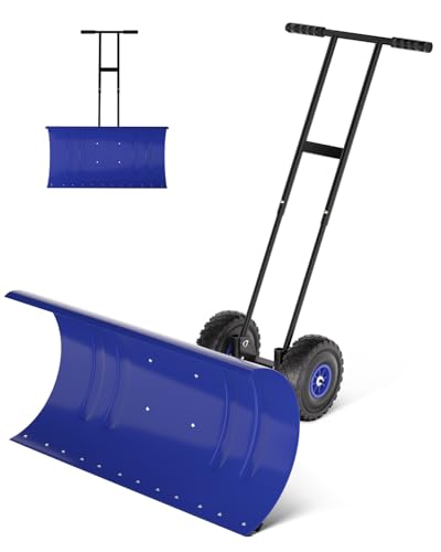 29.5' Wide Heavy Duty Snow Pusher with Wheels for Driveway, Steel Blade, 7-Position Adjustable Angle, 60° Tilt Handle, Ergonomic Push Snow Shovel with Ground Protection, Effortless Snow Removal