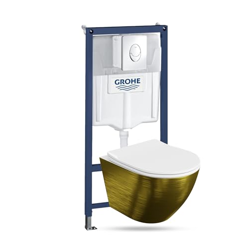 Lavita Vorwandelement Solido Start + Wand Hänge WC Sofi Slim Brushed Gold Spülrandlos + WC Sitz mit Absenkautomatik Verchromter Knopf Komplettset Unterputz Spülkasten Toilette Komplett Sett WC