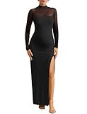 Dedysler Maternity Long Sleeve Maxi Wedding Guest Dress for Baby Shower with Mesh Split Mock Neck Bodycon Casual Pregnancy, Black, L