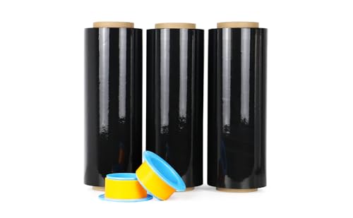 Paquete de 3 Film estirable negro, film de embalaje, film transparente 250m x 400 mm con asa de plástico, para embalaje y mudanzas, BOMEI PACK