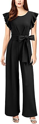Knitee Women's Vintage Sleeveless Ruffle High Waist Wide Leg Romper Formal Long Jumpsuit with Belt (Black, X-Large)