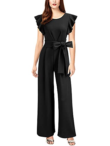 Knitee Women's Vintage Sleeveless Ruffle High Waist Wide Leg Romper Formal Long Jumpsuit with Belt (Black, X-Large)