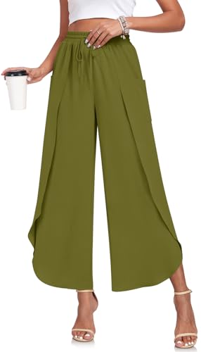TAOHUADAO Womens Summer Wide Leg Pants with Pockets Side Split High Waisted Palazzo Pants Boho Beach Flowy Trousers3