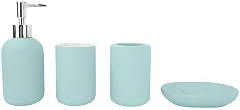 4-Piece Ceramic Bathroom Set (Blue) Contemporary Bathroom Accessory Sets with Rubberized Coating by Home Basics