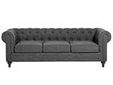 Reposabrazos altos Beliani Sofá Chesterfield 3 plazas tapizado Gris Brazos enrollados Estilo Tradicional Chesterfield