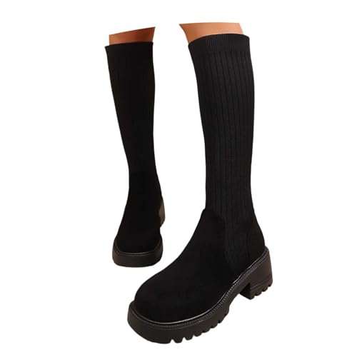 Generisch Botas de calcetines hasta la rodilla para mujer, con tacón de bloque, de piel sintética, botas de invierno, botas de equitación, botas altas para mujer, botas altas para mujer, botas de