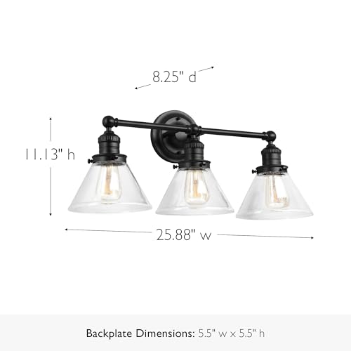 Image of Design House Augustin Vanity Light, 3-Light, Seeded Glass Warm Glow, Dimmable, Up /Down Glow, Easy Installation, E26 Socket, Black, 25.9 in L x 8.3 in D x 11.1 in H, 589036-BLK