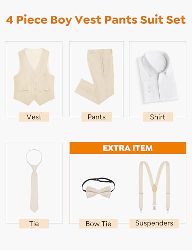 Image of Boys Suit Vest Set 4 Pieces Slim Fit Kids Beige Formal Vest and Pants Set for Wedding Ring Bearer, Easter, First Communion, Confirmation, Graduation Toddler Boys Size 3
