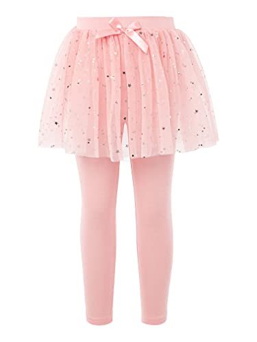 FEESHOW Girls Sequins Star Ruffle Lace Mesh Skirt with Leggings Toddler Stretchy Cotton Footless Tights Pantskirt